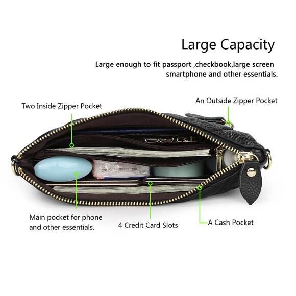 Genuine Leather Crossbody Bags for Women Wristlet- Crossbody Black Quilted - Picture 4 of 8